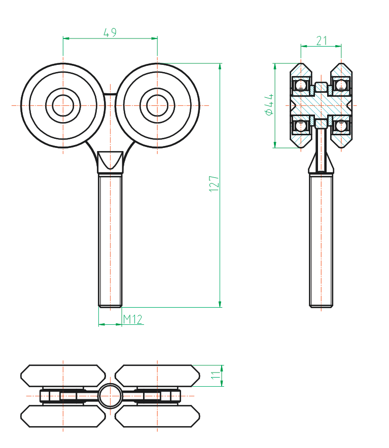 4 - rolkowy wózek ze sworzniem do szyny Zn, profil