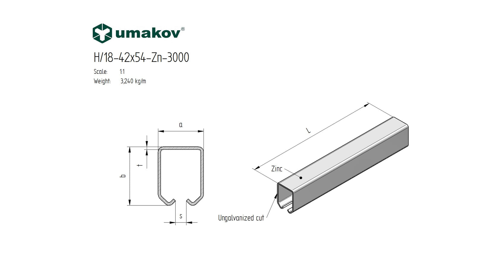 Profil do bramy przesuvnej Zn, 42x54x2,5mm, L3m