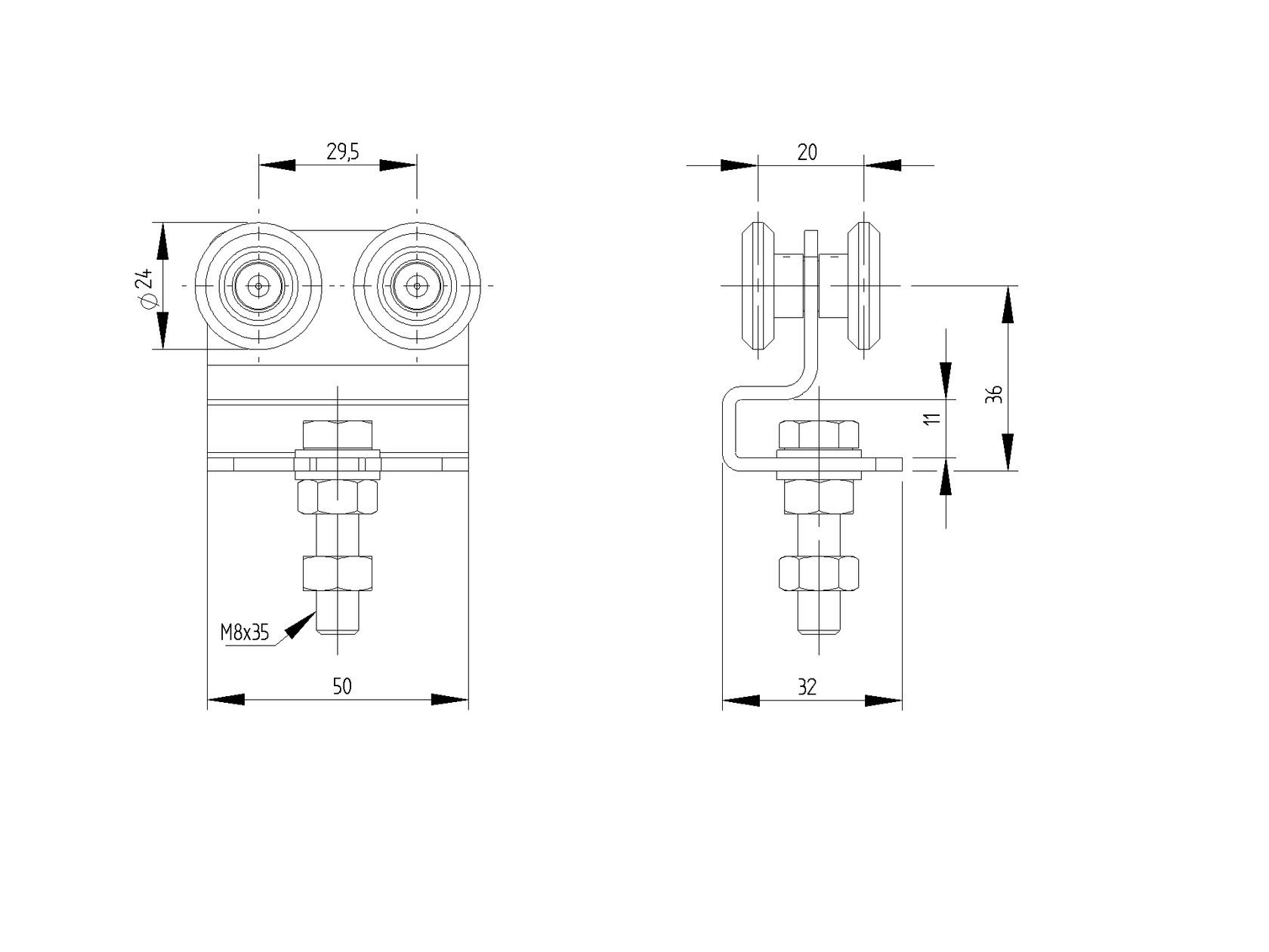 4 - rolkowy wózek ze sworzniem do szyny Zn, profil