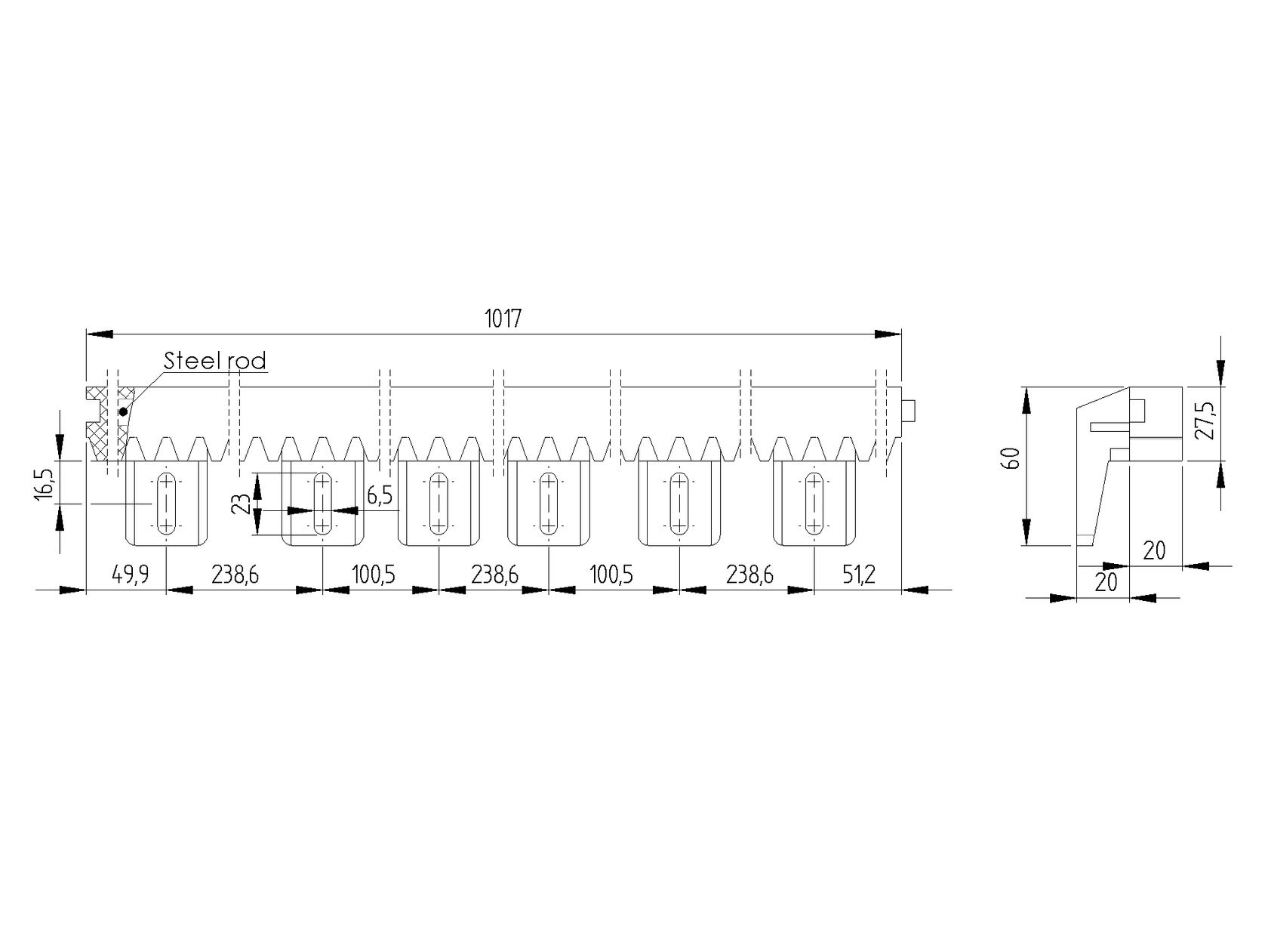 Listwa zebata PVC+Fe,27x20mm,L1m,max 700kg