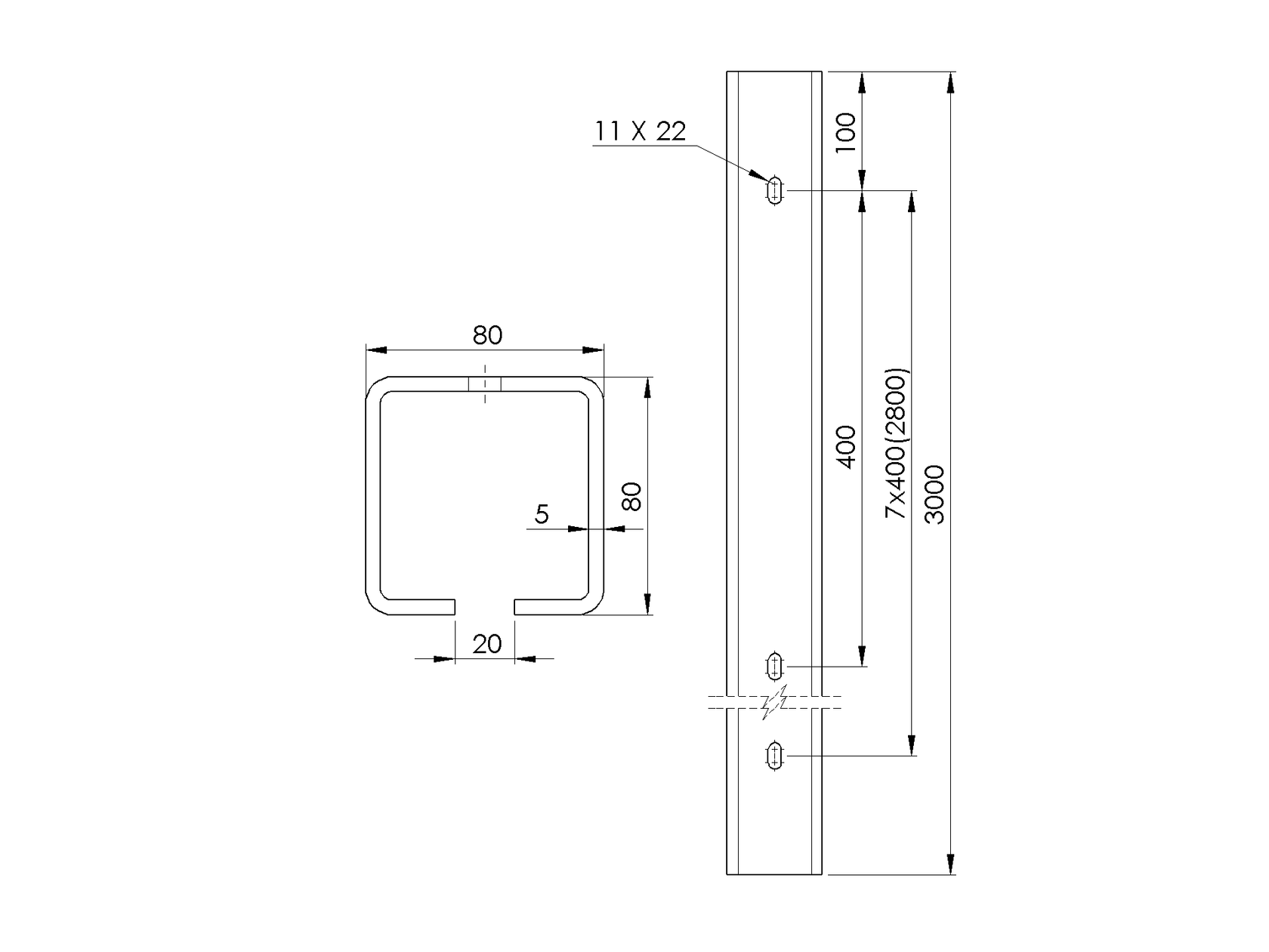 Profil vodiaci s otvormi Zn, 80x80x5mm, L3m
