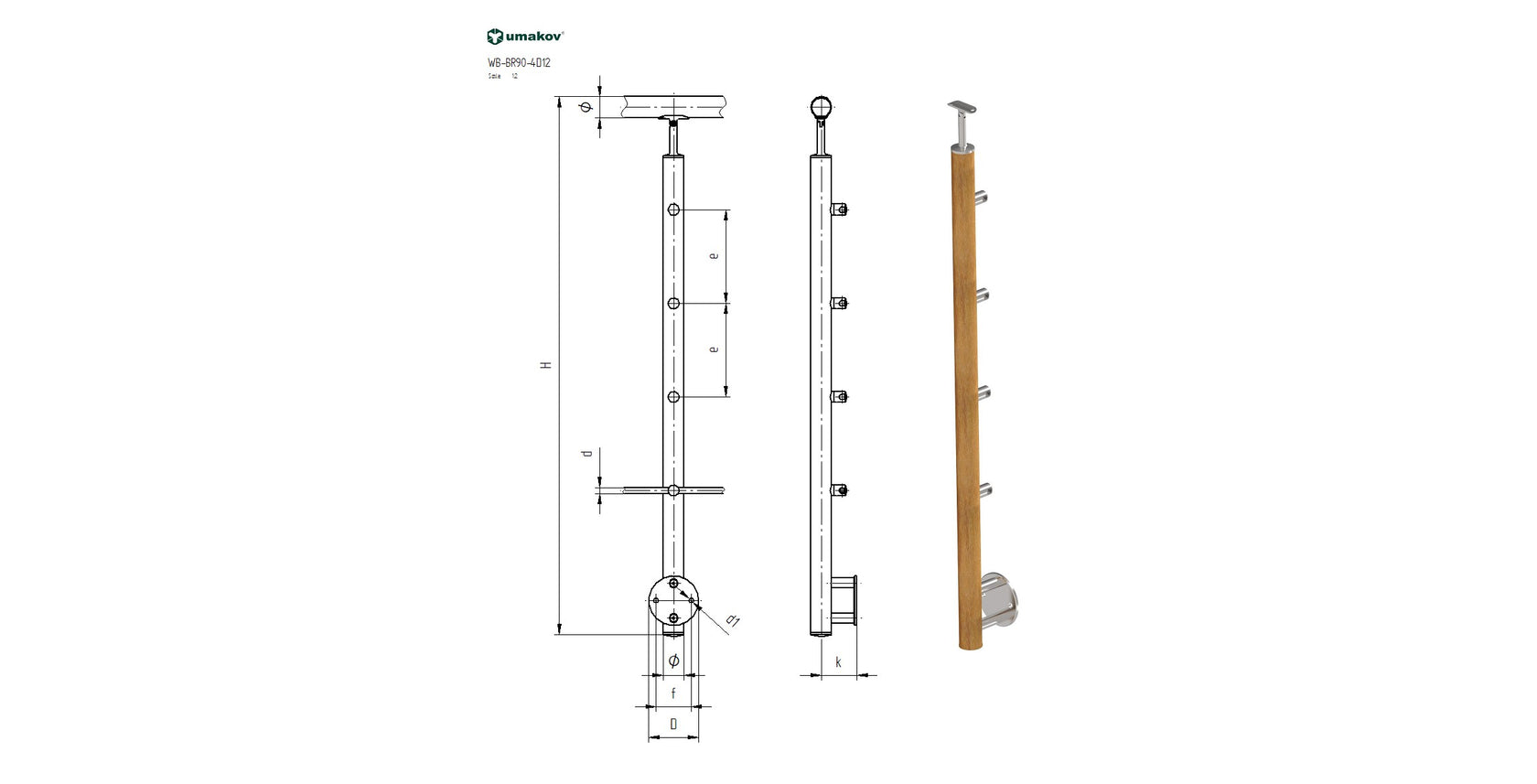 Drewniany słupek BUK (BEECH) D50mm, 4xd12mm, H900