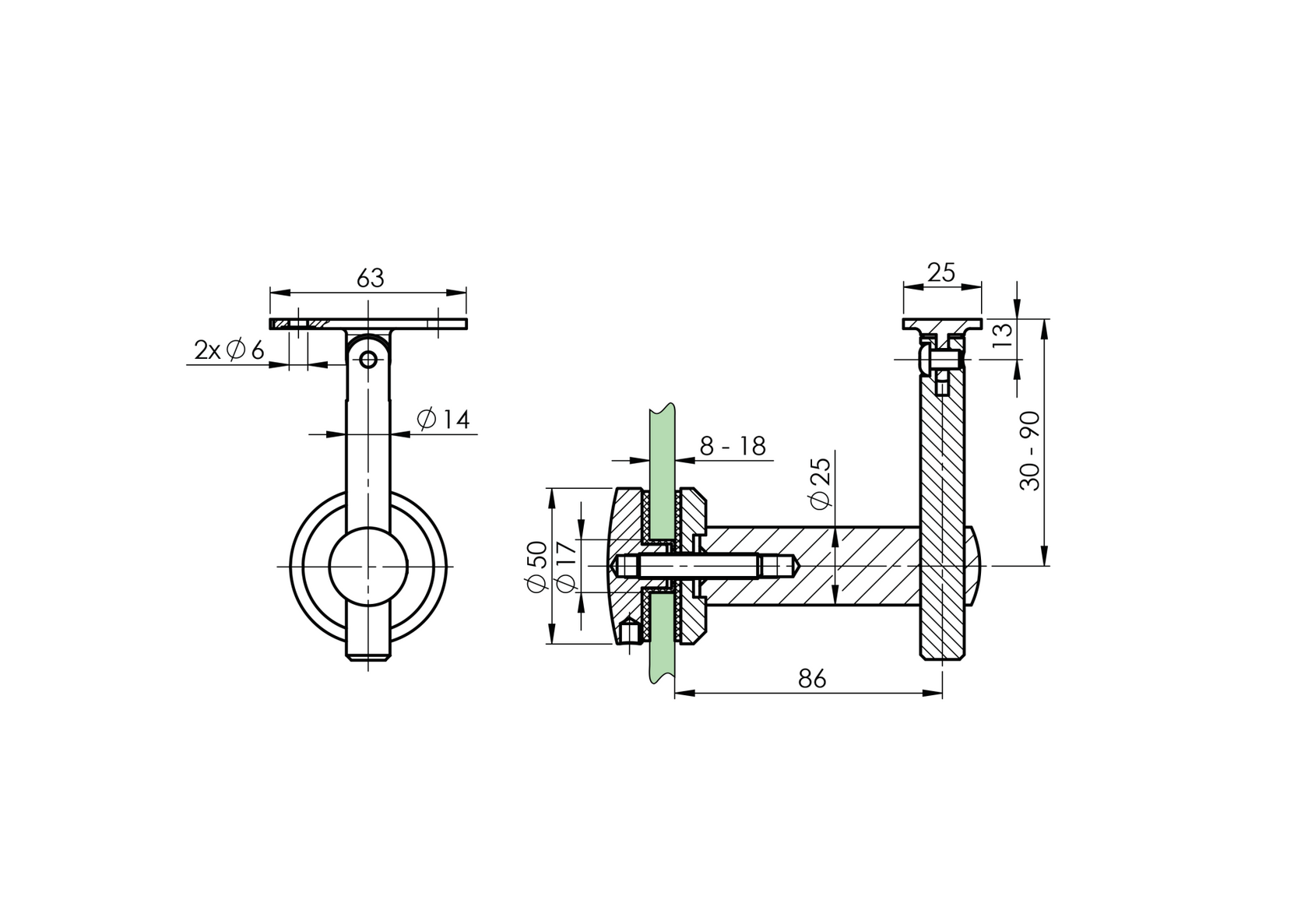 Uchwyt poręczy 40x40 mm do szkła 12-30 AISI304, 40