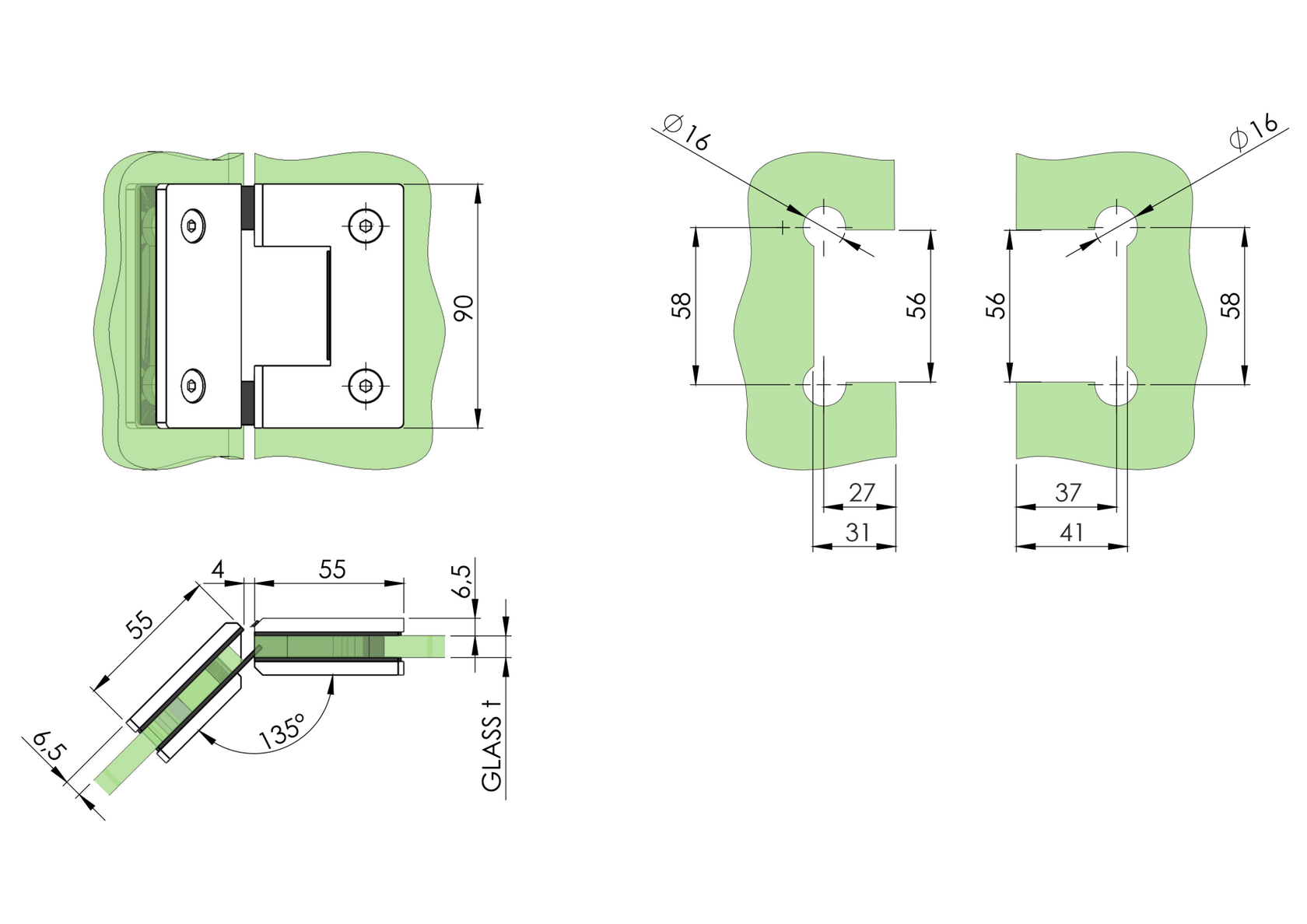  Zawias do drzwi szklanych +/- 90 stopni AISI304,