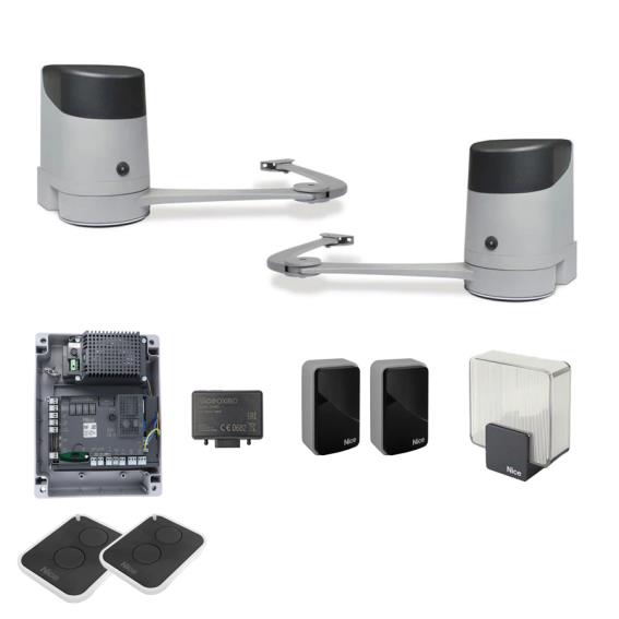 Nice napęd uchylny do bramy dwuskrzydłowej, komplet z fotokomórkam