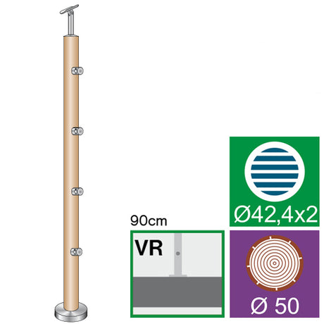 Drewniany słupek AISI304+BEECH, D50/4xd12mm, H900
